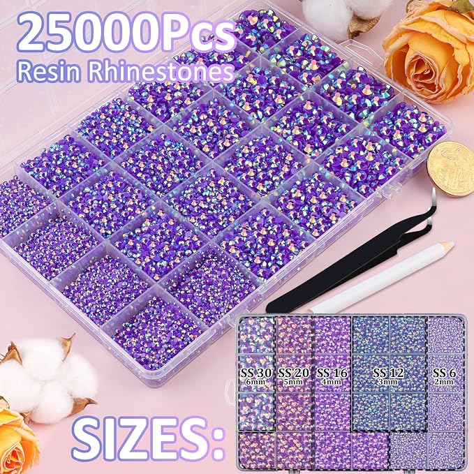 25000Pcs Resin Rhinestones for Crafting, Dark Purple AB 2-6mm Mixed Sizes Non Hotfix Flatback Gems with 1Pcs Glue, Bedazzling Crystal for DIY Craft Clothing Mugs Tumblers Shoes Fabric Decor Nail Art