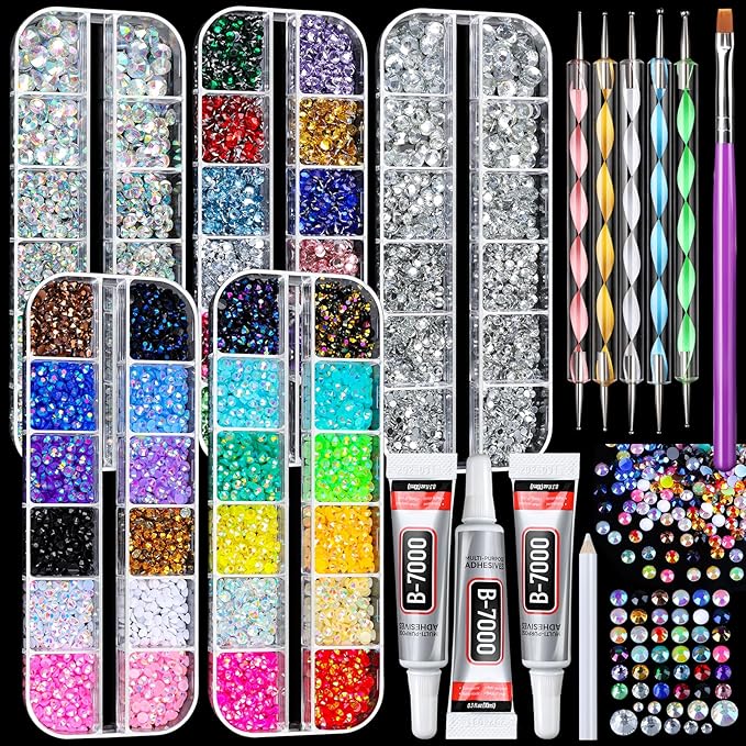 FANDAMEI 5 Boxes 10000PCS Bedazzling Kit, Multi-color Rhinestones for Bedazzling with Jewelry Glue, Flat Back Resin Jelly Gems for Crafts, Nail Rhinestones with Nail Brushes, Dotting Tools