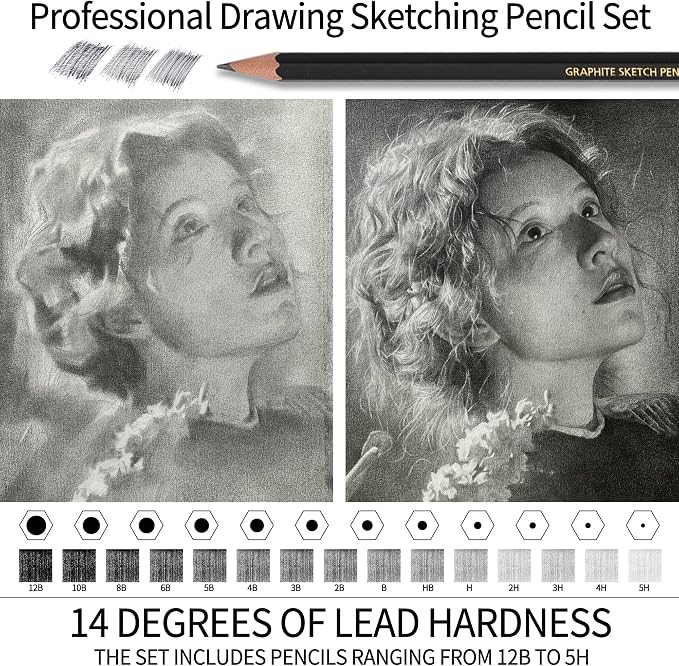 Qionew Professional Sketching Pencil for Drawing,14 Pack, Graphite Pencils | Drawing Sketching Pencil Set, 12B-5H, Art Pencils for Drawing and Shading, Sketching, Ideal for Beginners & Pro Artists