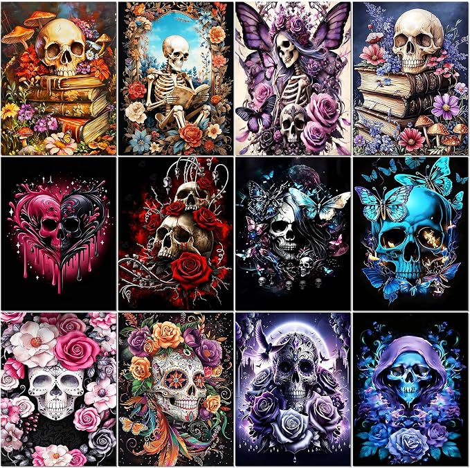 BWFY 12 Pack Skull Diamond Painting Kits for Adult, 5D Diamond Art Kit Paint by Number for Beginners, DIY Paint with Round Full Drill Diamonds Paintings Art for Home Wall Decor Gift (Skull)