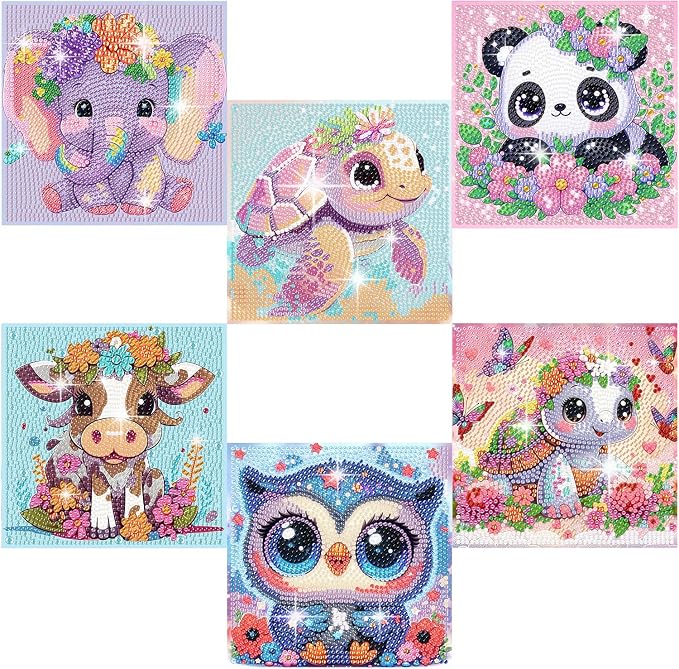 Acelii 6 Pack 5D Cartoon Diamond Painting Kits for Kids Beginners | Cute Animals DIY Diamond Art Kit for Kids,Full Round Drill Big Gem Art for Kid,Home Wall Decoration 6X6 inch