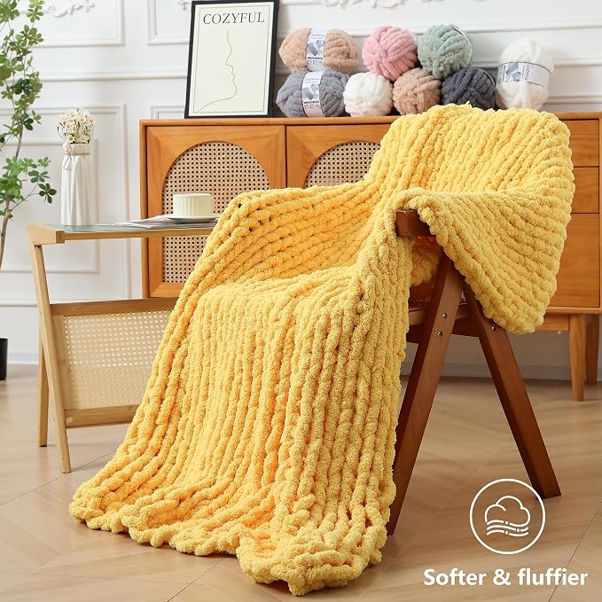 Cozyful Chunky Yarn for Hand Knitting - #10 Chunky Chenille Yarn, Jumbo Big Thick Chunky Yarns for Crocheting, Super Bulky Chunky Knit Blanket Yarns, 8 Skein (22 yds 8 oz Each Skein), Yellow