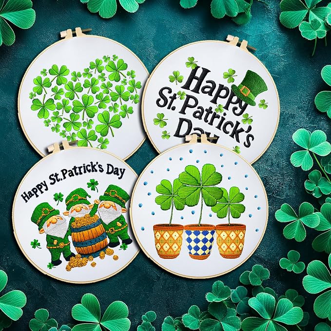 BEUNITONE 4 Set Lucky Clover Pattern Embroidery Kit for Adult Beginners | DIY Complete Needlepoint Kits for Adults, Cross Stitch Starter Kit with Hoops, Handmade Gifts for Fabric Home Decor 20x20cm