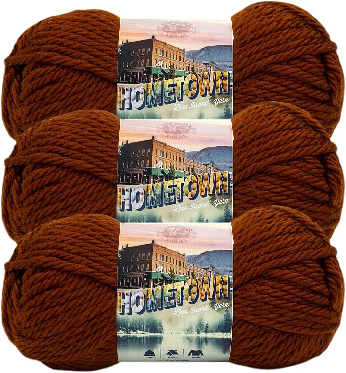 Lion Brand Yarn Hometown Yarn, Super-Bulky Yarn for Knitting, Crocheting, and Crafting, 3 Pack, Stowe Sugar Maple | Super Bulky Acrylic Fiber for Warm Crochet Blankets, Knit Winter Hats, Chunky Cardigans, Soft Scarves, Weaving
