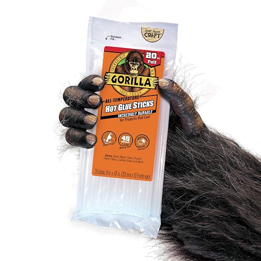 Gorilla Hot Glue Sticks, Clear, Full Size, 8" x 0.43", 20 Count