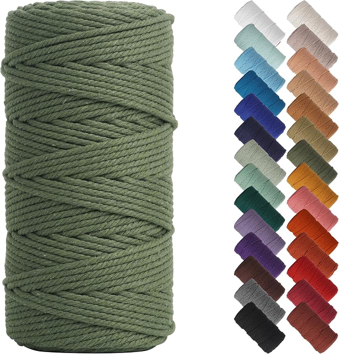NOANTA Olive Green Macrame Cord 3mm x 220yards, Cotton Rope Macrame Yarn | Macrame Rope Supplies, 3 Strand Twisted Cotton Yarn String, Cotton Cord for Wall Hanging, Plant Hangers, Crafts, Knitting