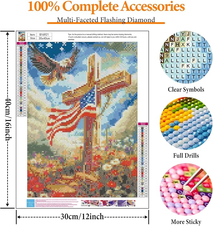 Diamond Art Kits for Adults, Flag Cross DIY Diamond Painting for Beginners | 12x16 Inch, Full Drill Round Dots, Religious Christian 5D Gem Art Craft Kits, Home Decor, Stress Relief Relaxing Hobby Gift