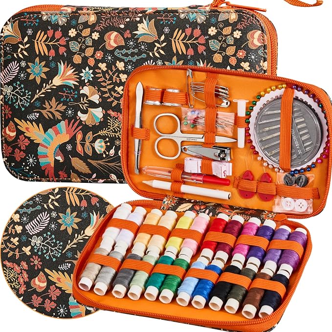 130 PCS Printing Travel Sewing Kit with Sewing Supplies Accessory | Boho Pattern Sewing Set with Zipper Sewing Case, Professional Beginners Sewing Kit for Adults,Emergency