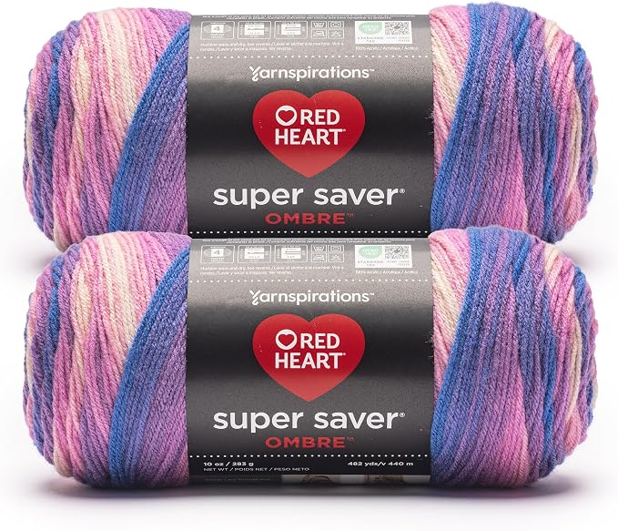 Red Heart Super Saver Ombre Yarn for Crocheting, Party, 2-Pack | #4 Medium Worsted Weight 100% Acrylic Ombre Yarn for Blankets, Scarves, Hats, and Sweaters, 482 yards, 283g/10oz
