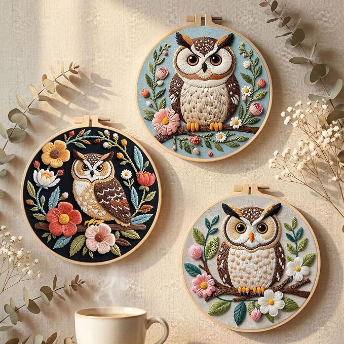 Santune Embroidery Kit for Beginners Needlepoint Cross Stitch Kits Adult Needle Point Sets with Owl Embroidery Patterns, Includes Step-By-Step Instructions and Accessories