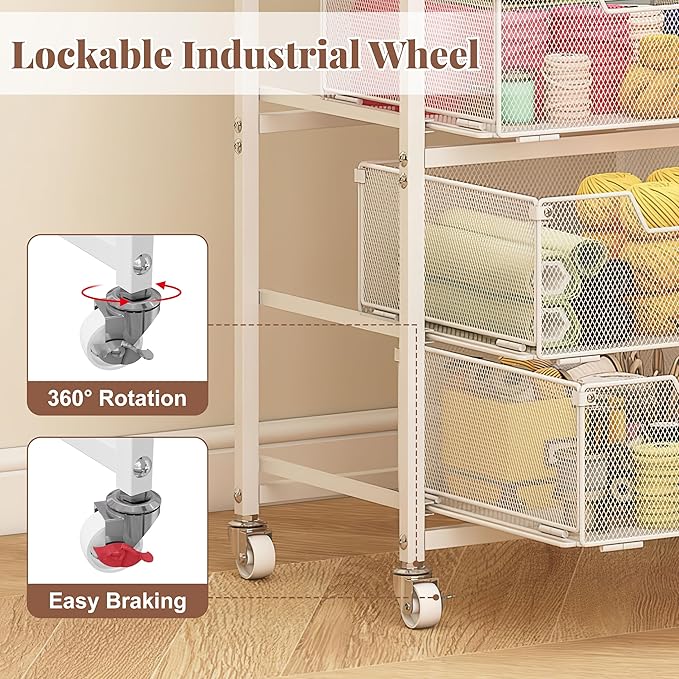 4-Drawer Rolling Storage Cart, Utility Cart with Drawers, White Metal Craft Cart Organizer with Wheels & Wooden Top, Art Supply Storage Organizer for Classroom, Office, Kitchen,Patent Pending