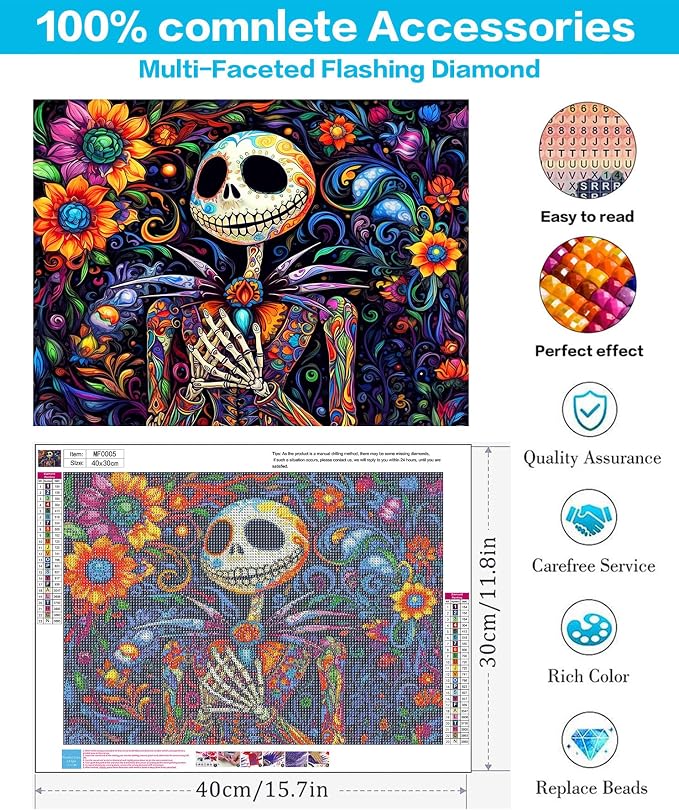 Square Drill Diamond Painting Halloween Diamond Art Square Drills 12x16in | 5D Nightmare Before Christmas Diamond Art Square Gems, DIY Skullhead Jack Square Diamond Painting Kits for Home Decor Gift