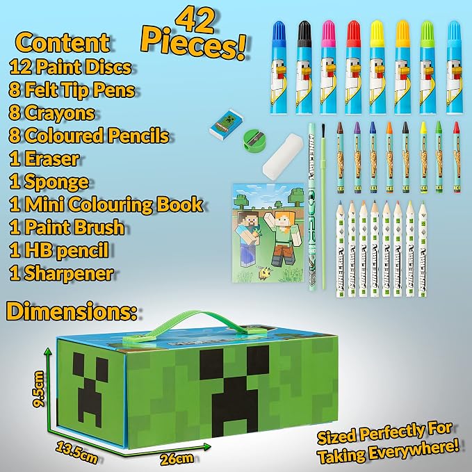 Minecraft Colored Pencils Art Supplies Set Crayons Watercolor Paints Colored Markers Coloring Drawing Kit Creeper Art Set Case Gamer Gifts for Boys (Pack of 3)