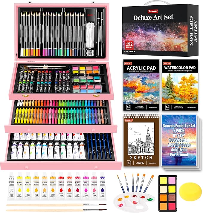 Soucolor 192-Pack Deluxe Art Supplies,Drawing Painting Sets,Teen Girl Gifts | Art Supplies for Kids 4-12, Acrylic Pad, Watercolor Book and Sketch Book,Canvases, Brushes,Cute Preppy Stuff Birthday Gifts