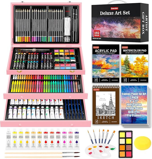 Soucolor 192-Pack Deluxe Art Supplies,Drawing Painting Sets,Teen Girl Gifts | Art Supplies for Kids 4-12, Acrylic Pad, Watercolor Book and Sketch Book,Canvases, Brushes,Cute Preppy Stuff Birthday Gifts