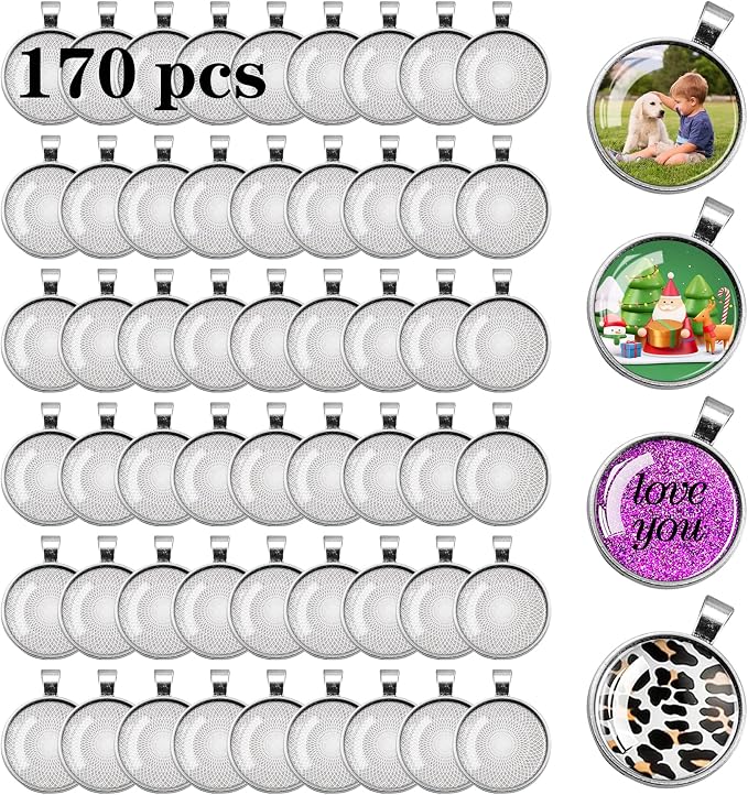 170Pcs Pendant Trays Kit, Round Cabochon and Tray, Alloy Tray Charms Bulk, Bezel Pendant Trays for Homemade Jewelry, Necklaces, DIY Crafts, Resin Art, Paint Pour Skins and Costume Jewelry