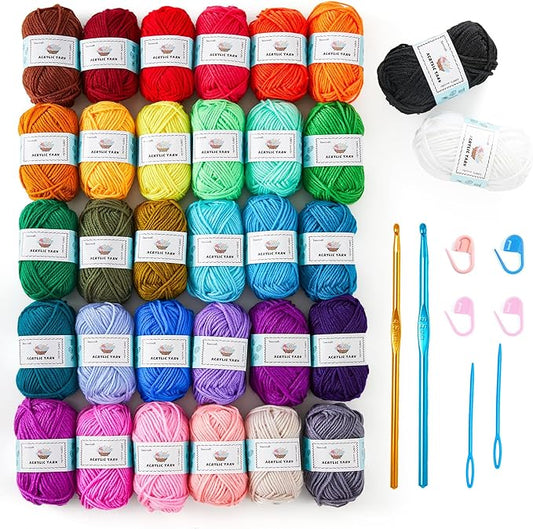 Inscraft Crochet Yarn Kit for Beginners, 1440 Yards 32 Colors Acrylic Yarn Skeins, 2 Crochet Hooks, 2 Weaving Needles, 4 Stitch Markers, 1 Bag, for Crocheting & Knitting, Gift for Adults
