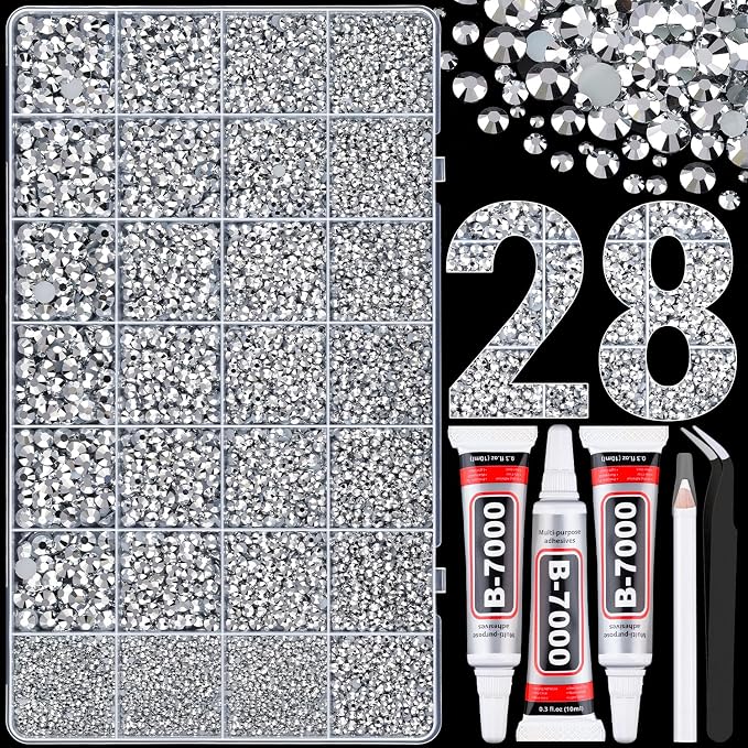 30000Pcs Resin Rhinestones for Bedazzling with Tweezers, Silver Rhinestones for Crafting with 3Pcs 10ml B7000 Jewelry Glue for DIY Crafts Clothing Tumblers Shoes Fabric Nail Art