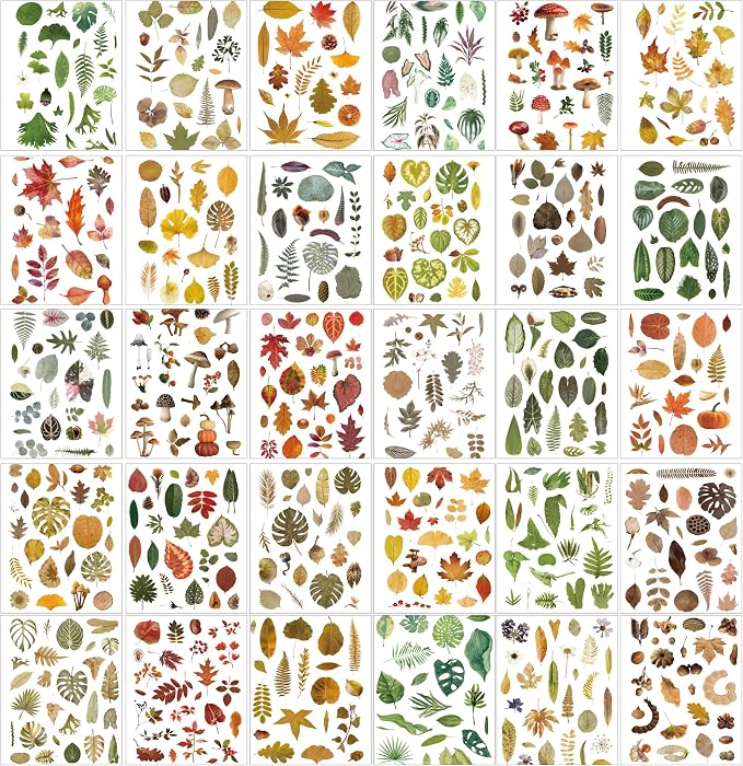 600+ Waterproof Vinyl Leaf Stickers, 30 Sheets Realistic Botanical Foliage Plant Stickers Book for Journaling Scrapbooking Water Bottle Laptop Planner Decoration, Nature-Themed DIY Supplies for Women