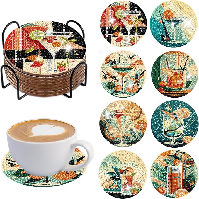 Ycydilirab 8 Pcs Cocktail Diamond Art Coasters with Holder,Cocktail Diamond Art Kits for Adults,Diamond Painting Coasters Kit for Gift