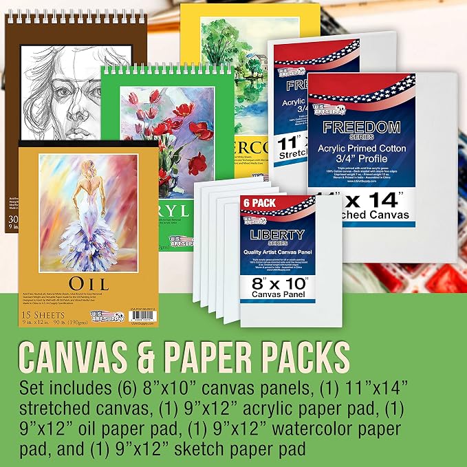 U.S. Art Supply 133-Piece Artist Painting Kit - Aluminum & Wood Easel | 24 Each (Acrylic, Oil, Watercolor Paints), 8 Canvases, 44 Brushes, 4 Paint & Sketch Pads - Painting Kits for Adults, Gift Set