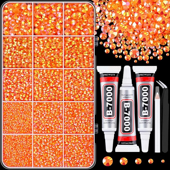 16000Pcs Resin Rhinestones with Tweezers for Crafting, Orange AB 2-6mm Mixed Sizes Bedazzling Crystal with 3Pcs 10ml B7000 Jewelry Glue for DIY Crafts Clothing Tumblers Shoes Fabric Nail Art