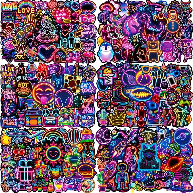 Water Bottle Stickers 300 Pcs Cute Cool Neon Sticker Packs, Classroom Rewards Prizes for Kids, Waterproof Vinyl Stickers for Water Bottles Laptop Scrapbooking Skateboard Journal Guitar Suitcase etc