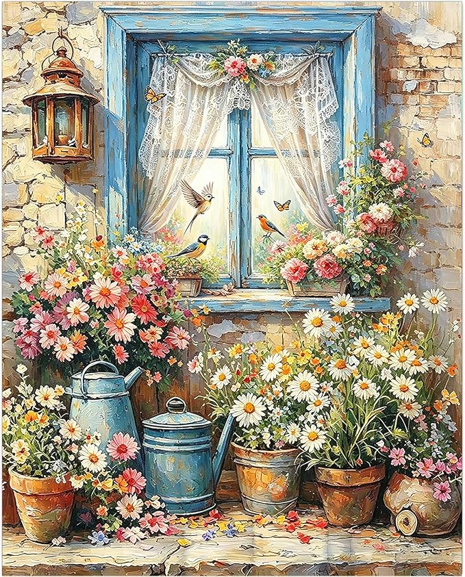 Gemozaic Rustic Paint by Numbers Kit for Adults - Farmhouse Cottage Window | Paint by Number for Adults Canvas, Vintage Flowers DIY Acrylic Numbers Painting, Home Wall Decor, Gift, 16x20 IN, Unframed