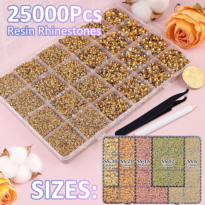 25000Pcs Resin Rhinestones for Crafting, Mine Gold 2-6mm Mixed Sizes Non Hotfix Flatback Gems with 1Pcs Glue, Bedazzling Crystal for DIY Craft Clothing Mugs Tumblers Shoes Fabric Decor Nail Art