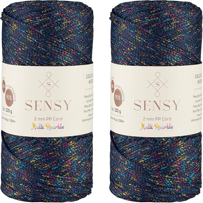2 Pack of Sensy Premium 2mm 251 Yards Sparkle Polyester Rope 90% Polypropylene 10% Polyester Cord Macrame Cord 2mm Crochet Bag Cord Macrame Rope Crochet Thread for Knitter (Navy Blue Multi Sparkle)