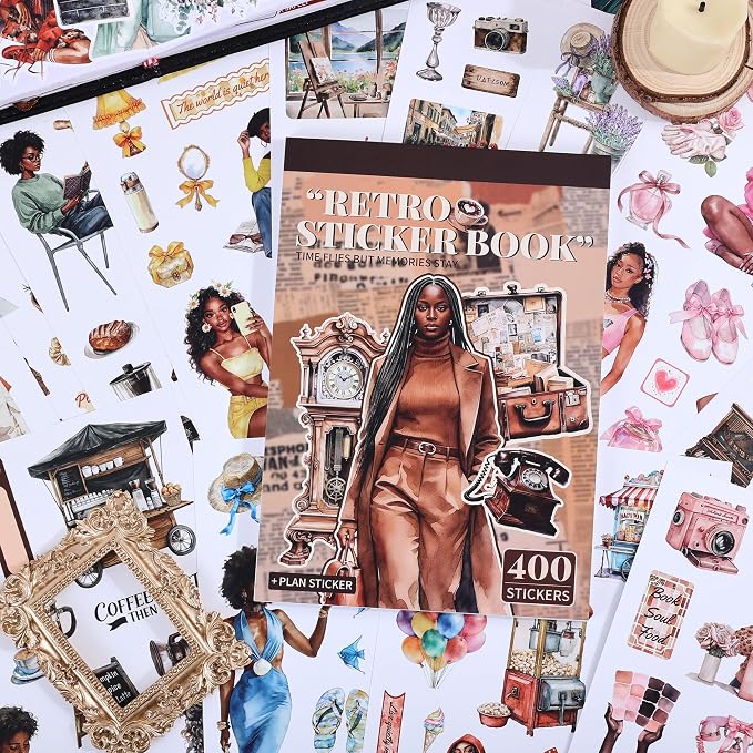 Black Girl Sticker Book, 400+ Vintage Scrapbook Stickers for Black Teen Girls & Women, 30 Pages of Waterproof Vinyl Aesthetic Decals Motivational Quotes for Journaling Planner, Scrapbooking, Laptop