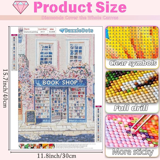 DAZZLEDOTS Pink Diamond Art Kit for Adults, Book Shop Diamond Painting