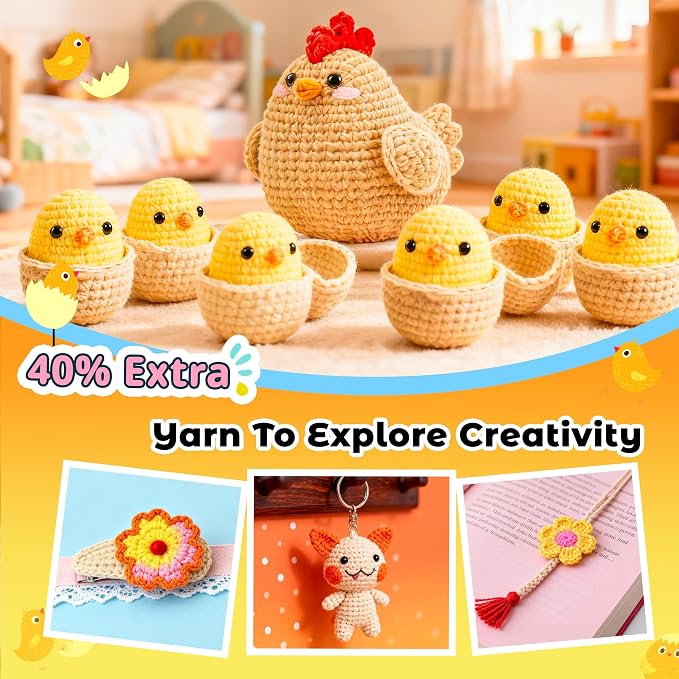 Joyclub Crochet Kit for Beginners 4 Chicken Family with Video for Adults | Amigurumi crochet with video guidance support first projects crochet Starter; a playful DIY gift for adult kitting learners