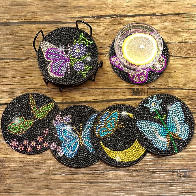 Vcekract 6 Pcs Butterfly Diamond Art Coasters Kit for Adults | Diamond Painting Coasters with Holder & Protective Backing, Diamond Art Adult Crafts for Table Home Decoration