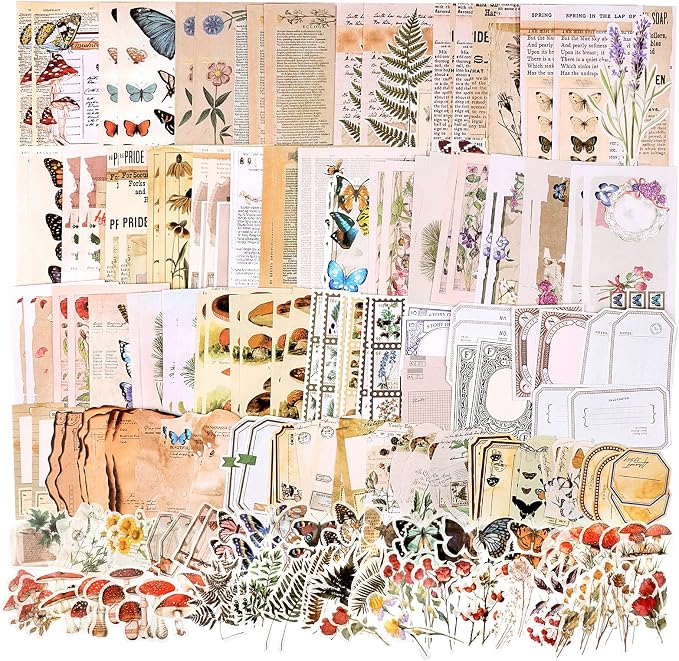 Draupnir 200pcs Vintage Junk Journal Supplies,Scrapbook Supplies Scrapbooking Paper and Stickers Ephemera For Art Aesthetic Journaling Kit Collage(Nature)