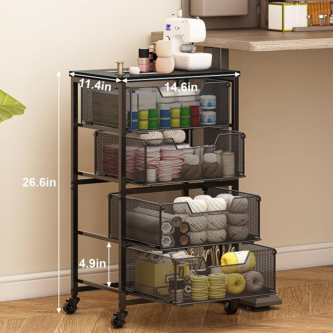 Rolling Cart with Drawers, 4-Drawer Storage Cart on Wheels with Wooden Top, Metal Utility Cart with Storage Drawers, Craft Storage Art Cart for Classroom, Office, Kitchen, Bedroom,Patent Pending