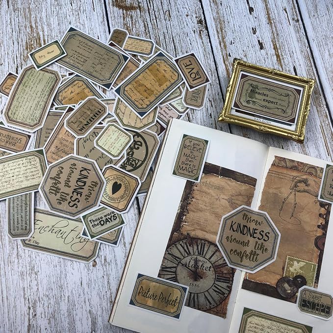 Bomichi 94 Pcs Vintage Label Stickers, Retro Tag Aesthetic Stickers for Scrapbooking Junk Journal Bullet Journal Collage Diary DIY Crafts