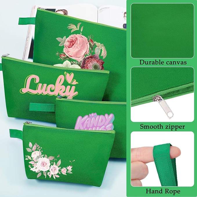 10 Pieces Cotton Canvas Makeup Bag with Bottom and Strap, Multi-Purpose Cosmetic Bag with Zipper Travel Toiletry Pouch, Blank DIY Craft Bag (Green, L)