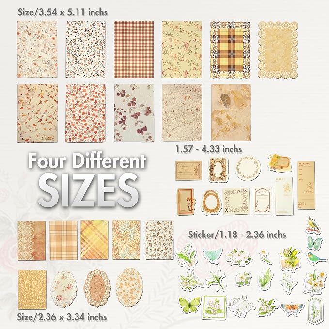 Vintage Floral Scrapbook Paper & Journaling Stickers, 400pcs | 4 Pack Assorted Set, Junk Journal Scrapbook Supplies for Bullet Journaling, Retro Crafts, Planner, Collage Card Album