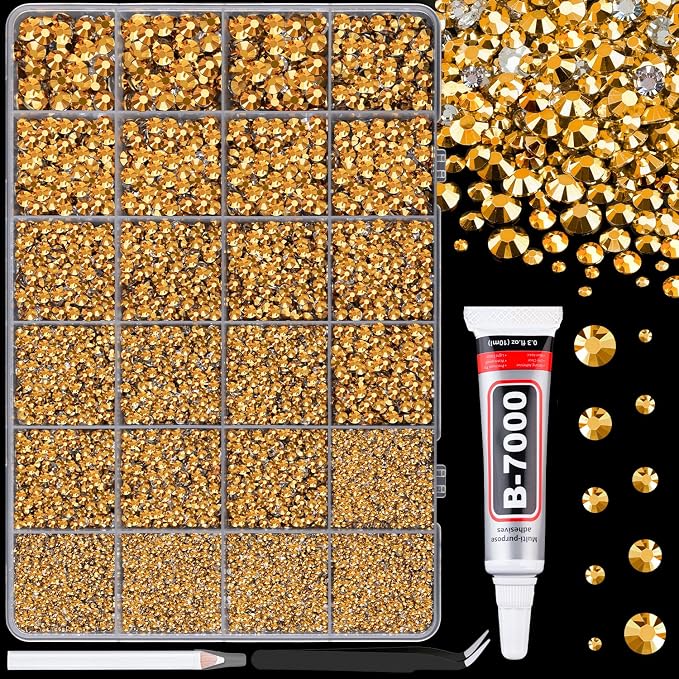 25000Pcs Resin Rhinestones for Crafting, Mine Gold 2-6mm Mixed Sizes Non Hotfix Flatback Gems with 1Pcs Glue, Bedazzling Crystal for DIY Craft Clothing Mugs Tumblers Shoes Fabric Decor Nail Art