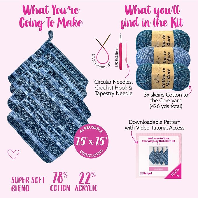 KnitPal Dishcloth Knitting Kit for Beginners (Jean Blue + Sky Blue)