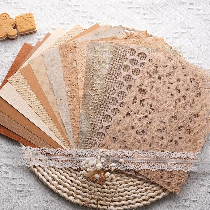 15Pcs Handmade Scrapbook Art Paper Craft Textured Paper Colorful A5 sheet Mesh Special Mix for Scrapbooking Junk Journal Journaling Supplies DIY Materials,5.8x8.2 inches (Brown)