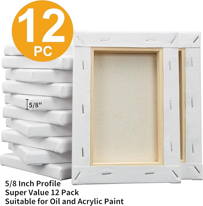 FIXSMITH Stretched White Blank Canvas- 5x7 Inch,Bulk Pack of 12,Primed,100% Cotton,5/8 Inch Profile of Super Value Pack for Acrylics,Oils & Other Painting Media.