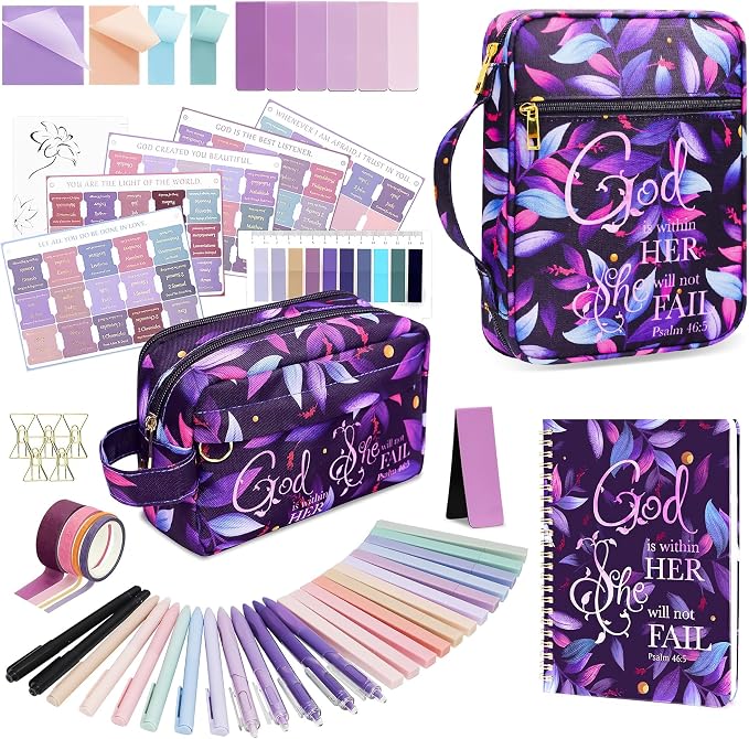 48 Pcs Bible Study Supplies for Women, Bible Journaling Kit Includes Bible Pencil Case, Tags, Pens, Highlighters, 4 Color Clear Sticky Notes, Notebook, 15 Clips, 4 Rolls of Washi Tape & More (Purple Bag)