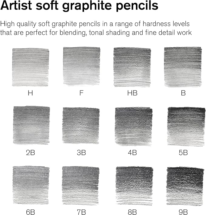 Winsor & Newton Studio Collection, Graphite Pencils, Set of 12 | Soft, Thick Core pencils, Varied Hardness, Soft Smooth Texture, Easy Blending, Stylish Metal Tin Included, High Quality Lead