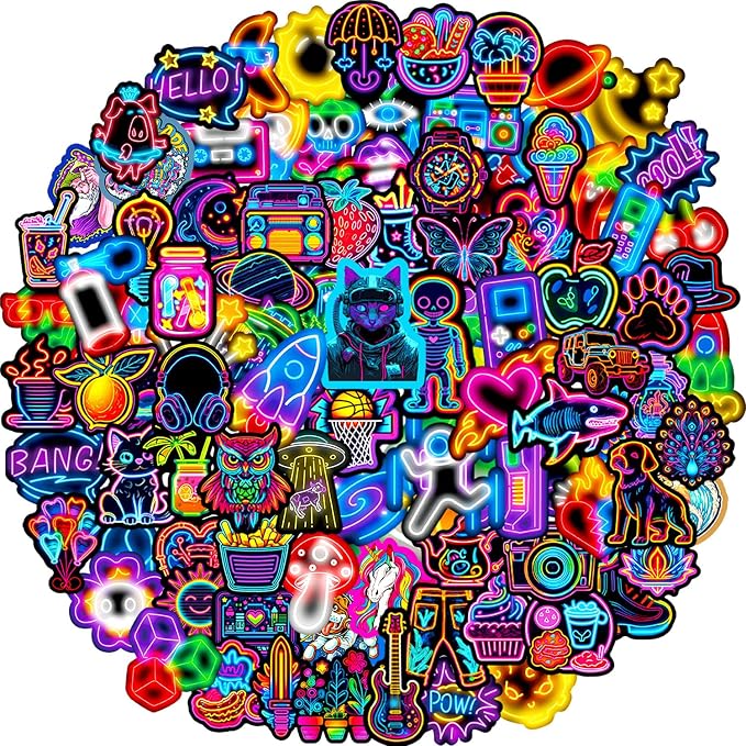 Water Bottle Stickers 100 Pcs Cool Cute Neon Sticker Packs, Prizes for Kids Classroom Rewards, Waterproof Vinyl Stickers for Water Bottles Laptop Scrapbooking Skateboard Journaling Luggage Tumbler etc