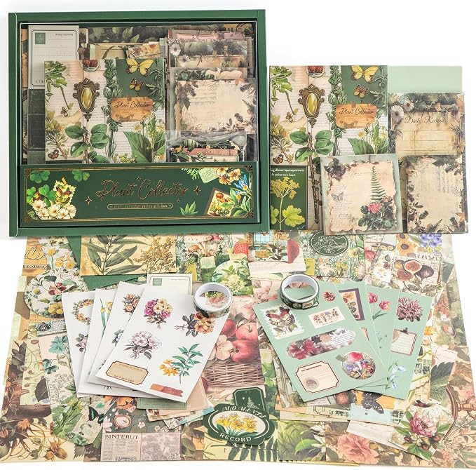 Scrapbooking Supplies Kit, Vintage Botanical Aesthetic Scrapbook Kit for Bullet Junk Journal, Stationery, A6 Grid Notebook, Flower DIY Journaling Supplies, Birthday Craft Gift for Women Craft Lover