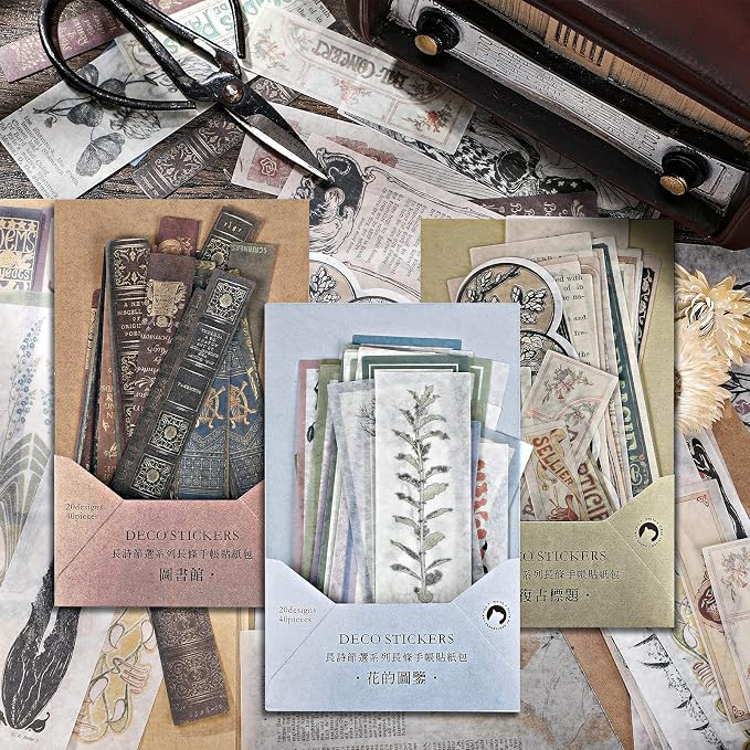 Tenare 120 Pieces Vintage Scrapbook Washi Stickers, Flower, Title, Book