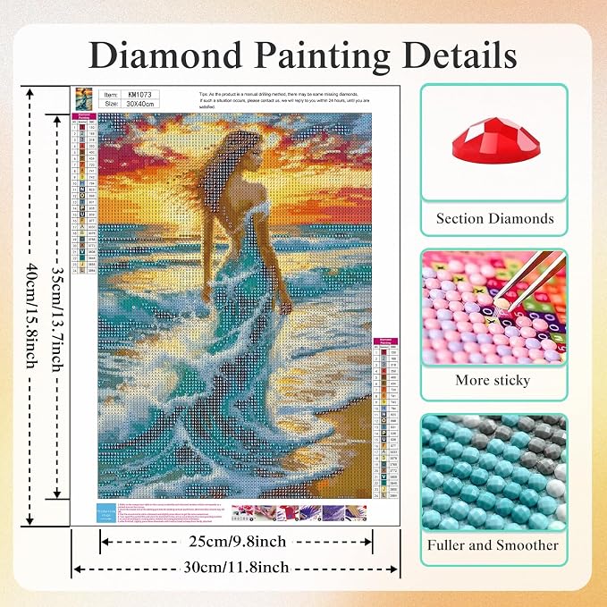 5D Ocean Wave Woman Diamond Art kits for Adults Beginners 12x16inch | Fantasy Beach Sunset Lady Diamond Painting Kit, DIY Full Round Drill Paint by Diamonds Dot Gem Art for Adult, Home Wall Decor
