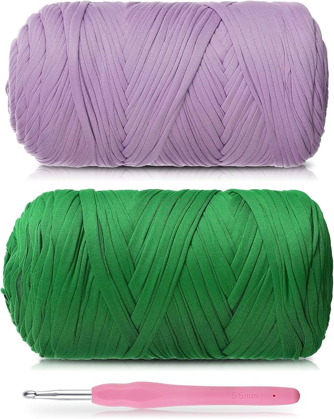 2 Pack T-Shirt Yarn - Together 800g/236 Yards Elastic Fabric Crochet Cloth T-Shirt Yarn, Thick Hand Knitting Yarns for Crocheting Bags/Rugs/Baskets/Craft Project (Modern, Light Purple+Grass Green)